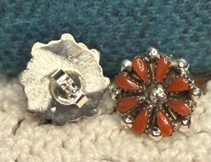 Zuni Made Small Coral Cluster Earrings by David Leekity