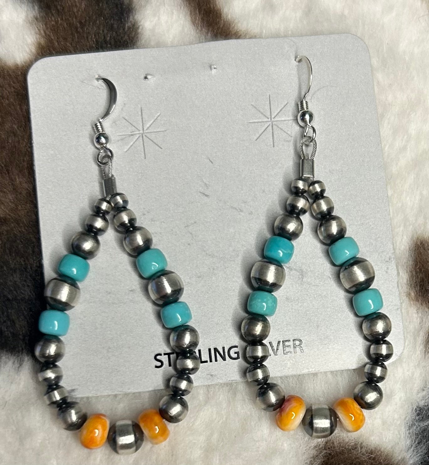 Sterling Silver Machine Made Pearl, Turquoise, and Spiny Oyster Hoop Earrings