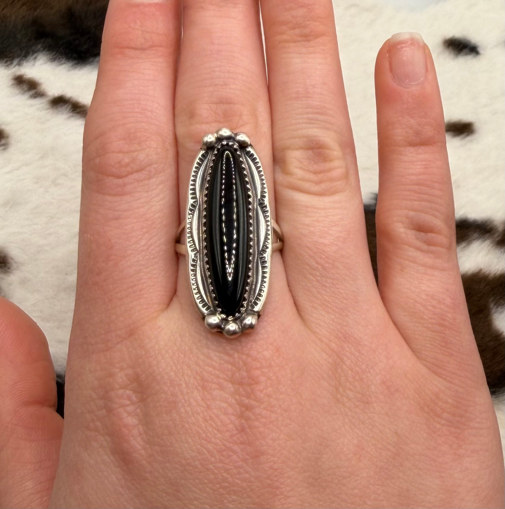 Navajo Handmade Black onyx Ring by Renell Chaco Perry Size 7.75
