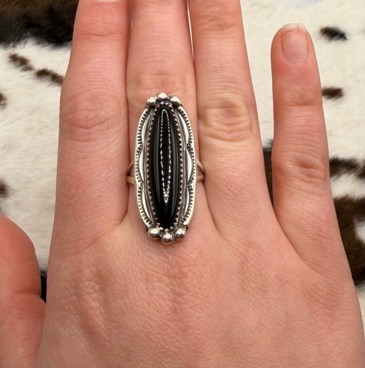 Navajo Handmade Black onyx Ring by Renell Chaco Perry Size 7.75