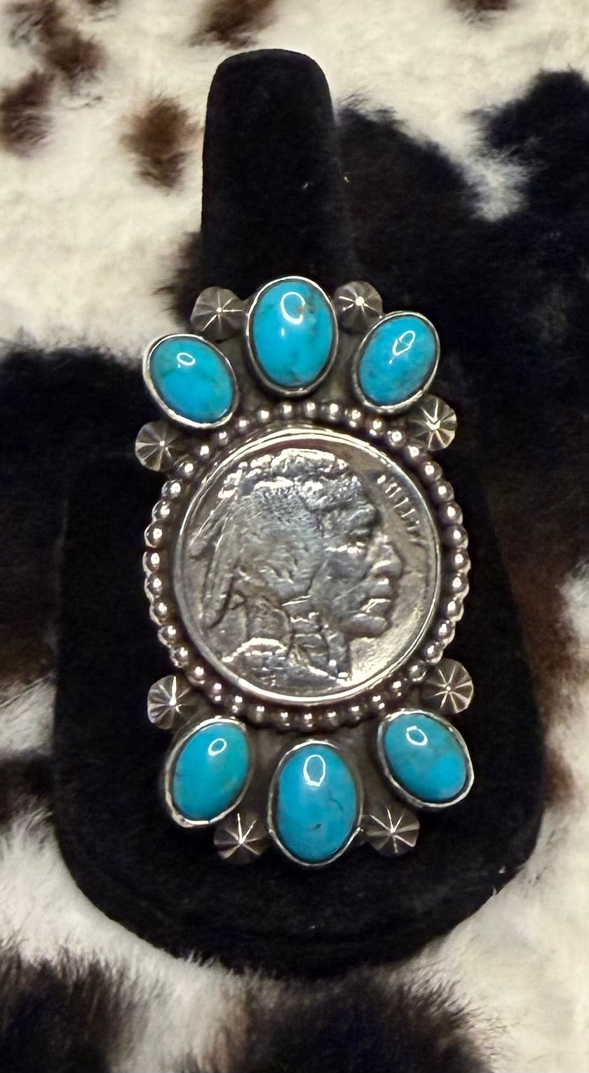 Navajo Handmade Kingman Turquoise adjustable Liberty Coin Rings By Adrian Yazzie