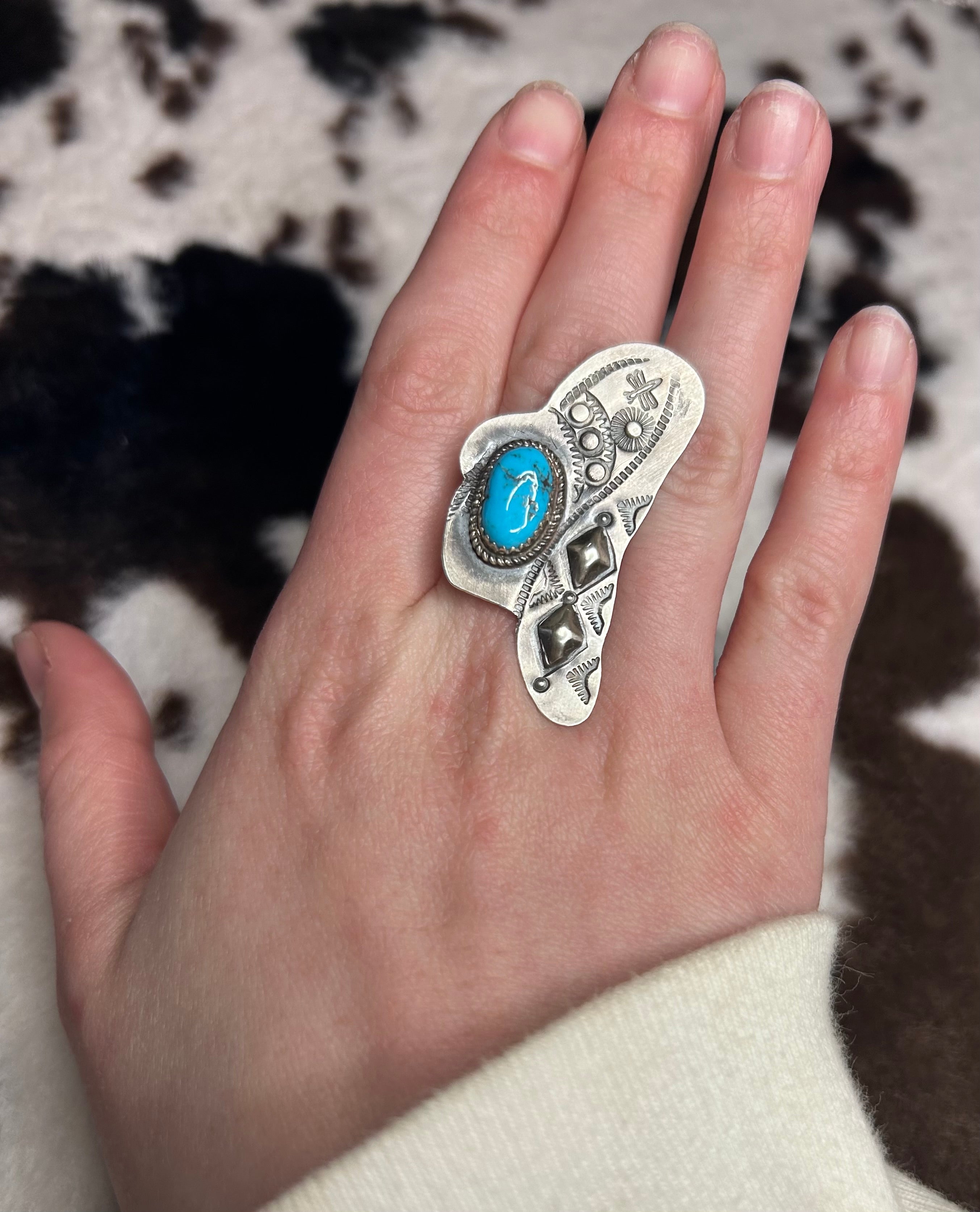 Navajo Handmade Turquoise Cowboy Hat Ring Adjustable by Tim Yazzie