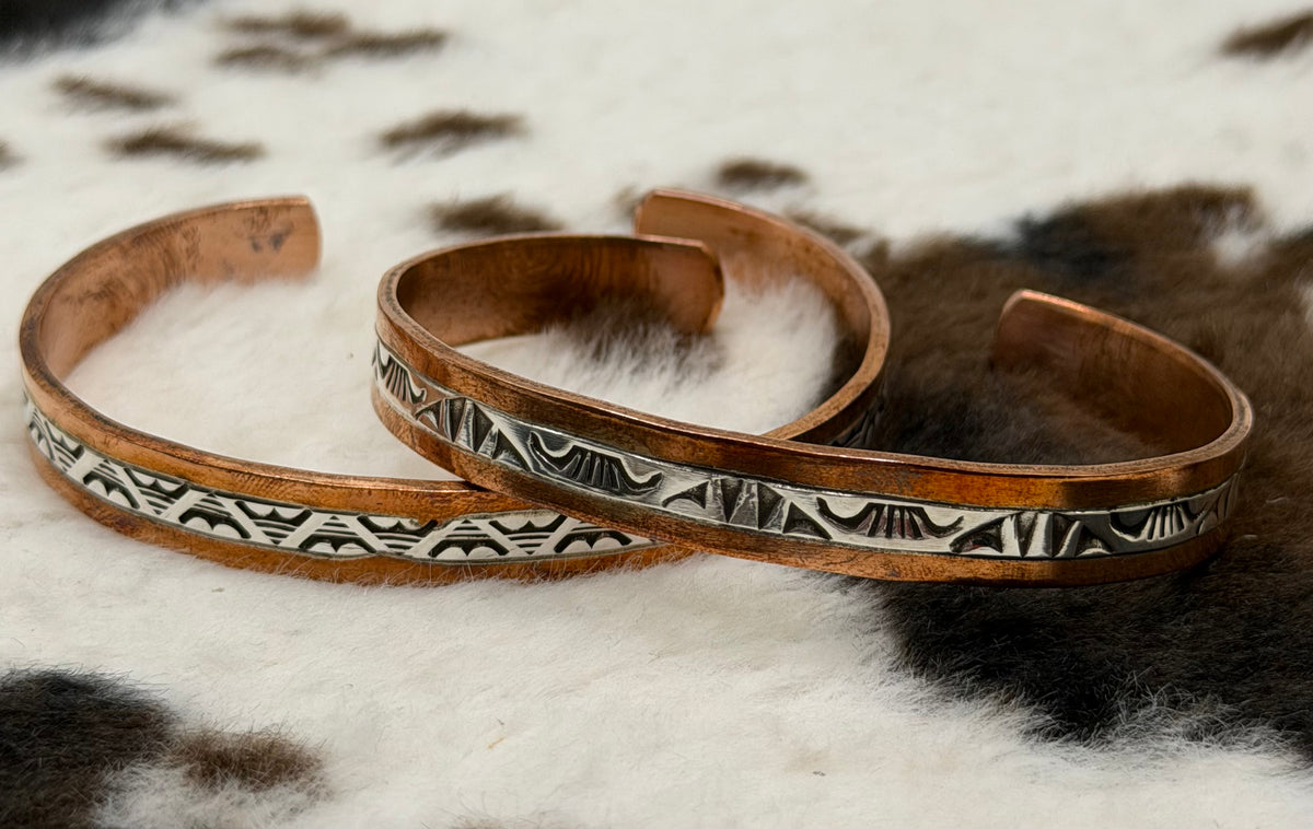 Navajo Handmade Sterling and Copper Cuff Bracelets by Wylie Secatero
