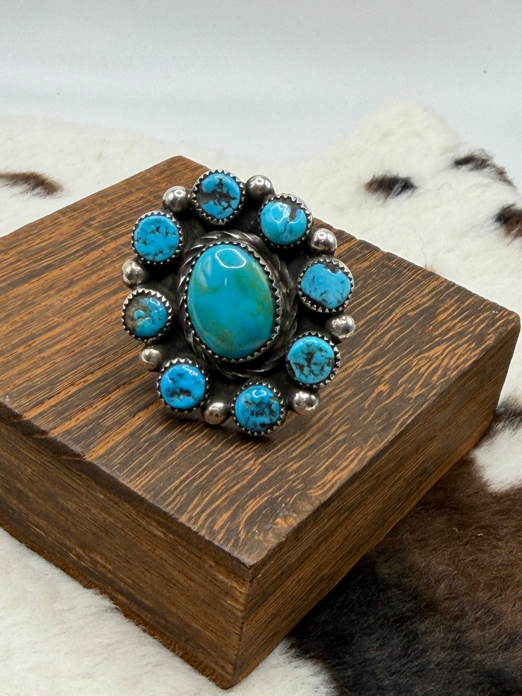 Navajo Handmade Kingman Cluster adjustable rings by Vinson Belone
