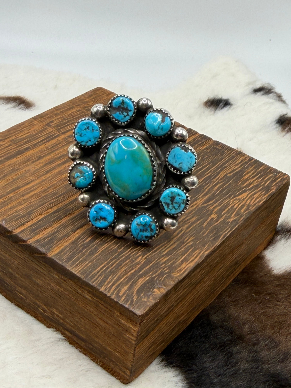 Navajo Handmade Kingman Cluster adjustable rings by Vinson Belone