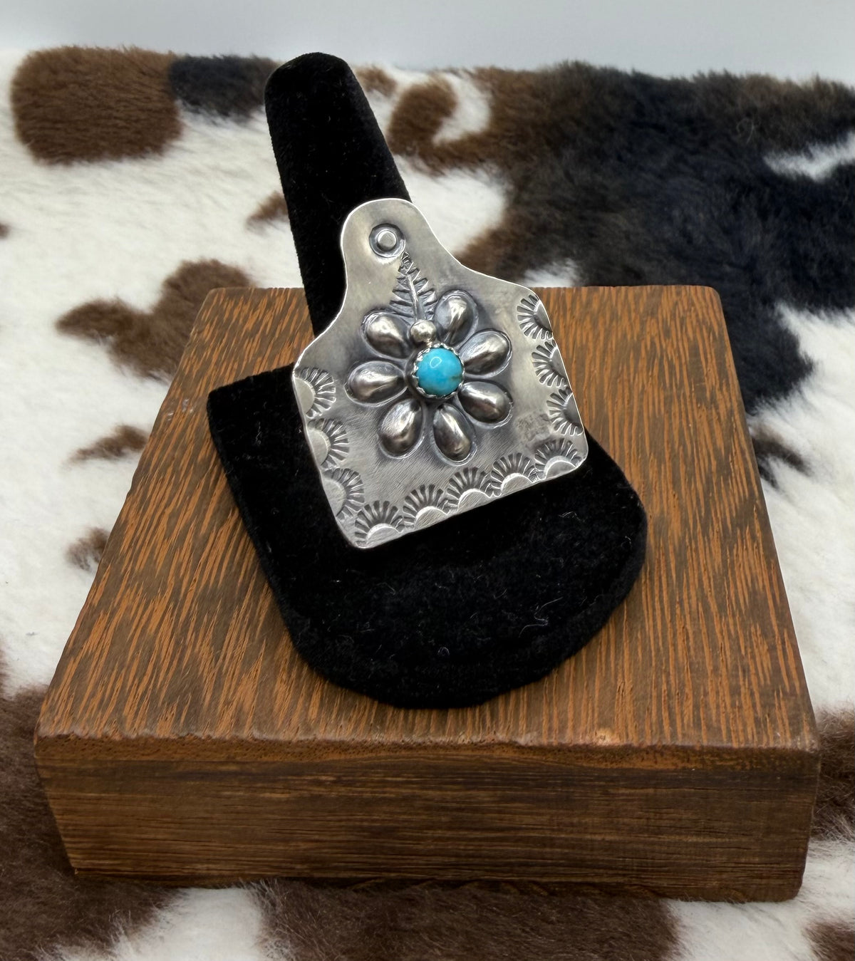 Navajo Made Adjustable Cattle Tag Turquoise Ring by Gabrielle Yazzie