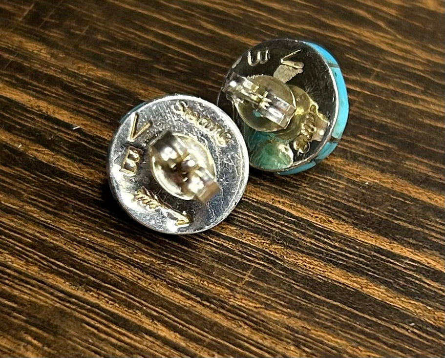 Navajo Handmade Kingman Turquoise Inlay Stud Earrings by Valarie Benally