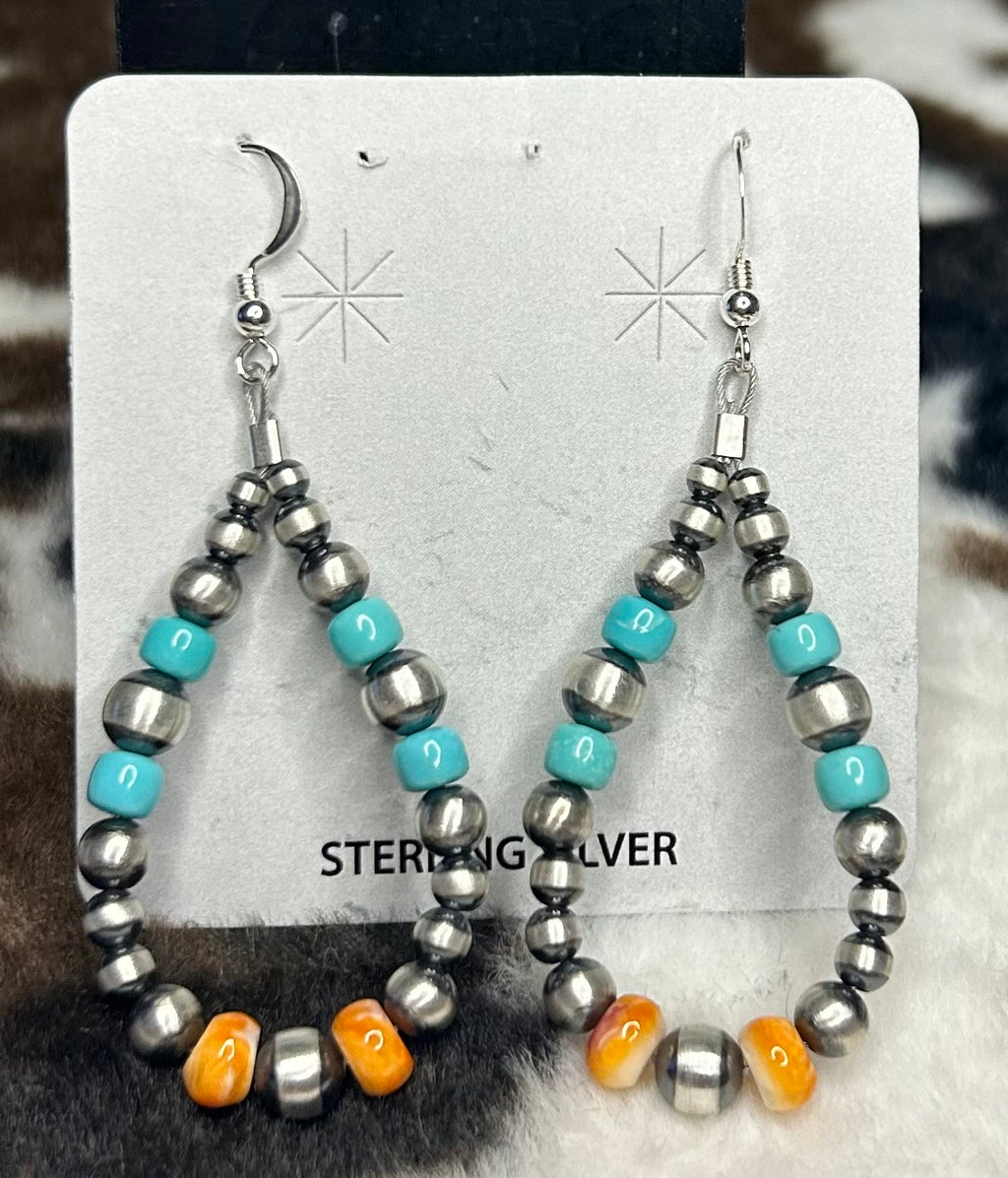 Sterling Silver Machine Made Pearl, Turquoise, and Spiny Oyster Hoop Earrings