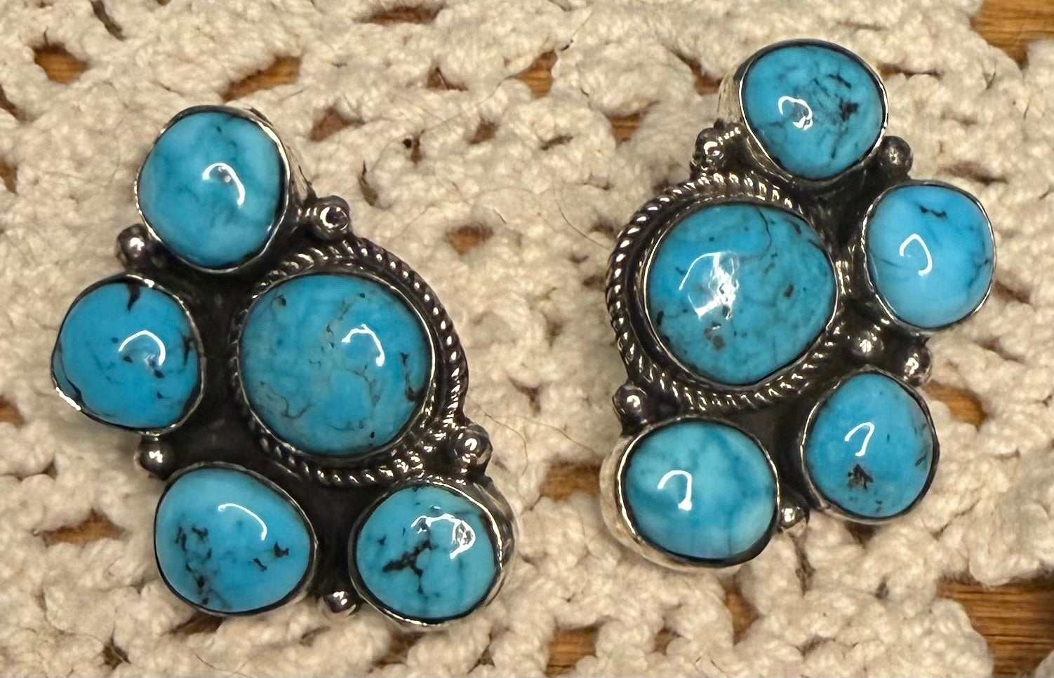 Navajo Made Half Cluster Kingman Turquoise Earrings by Jeanette Yazzie