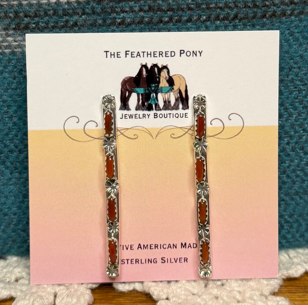 Zuni Handmade Coral Dangle Earrings By Murray Hannaweeka