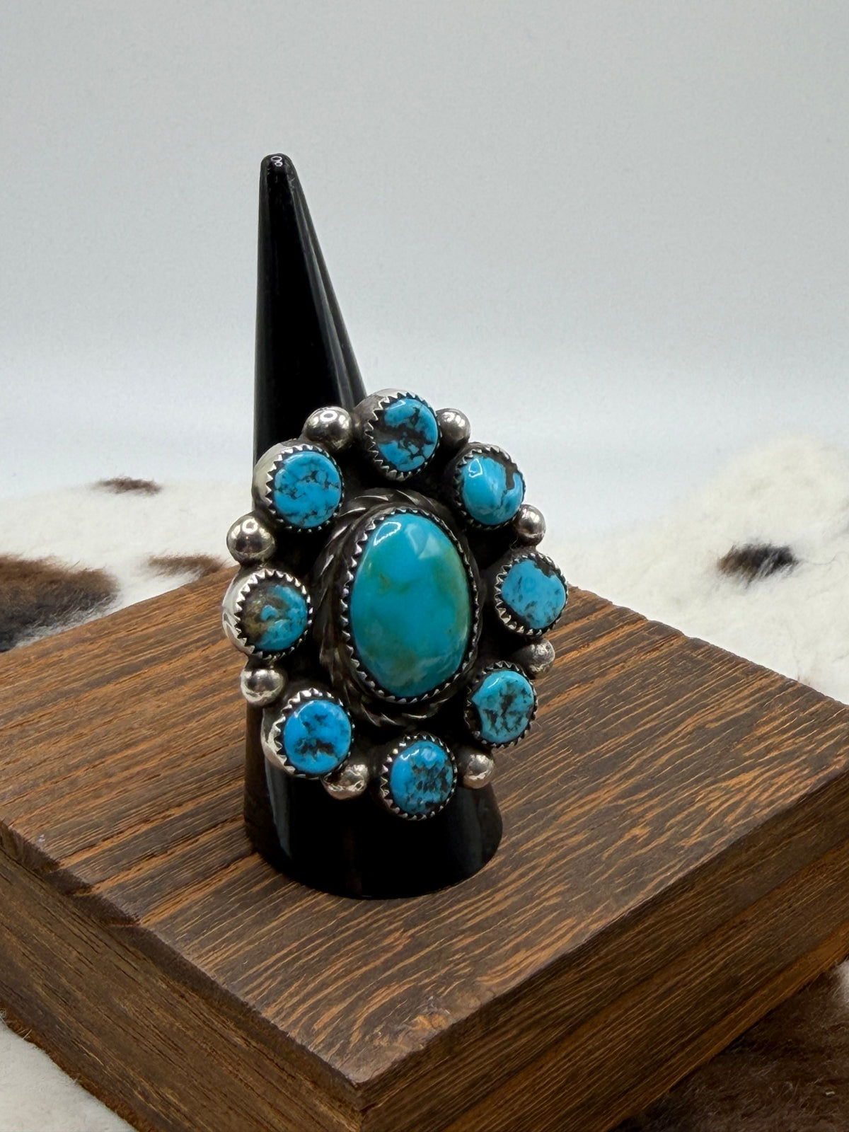Navajo Handmade Kingman Cluster adjustable rings by Vinson Belone