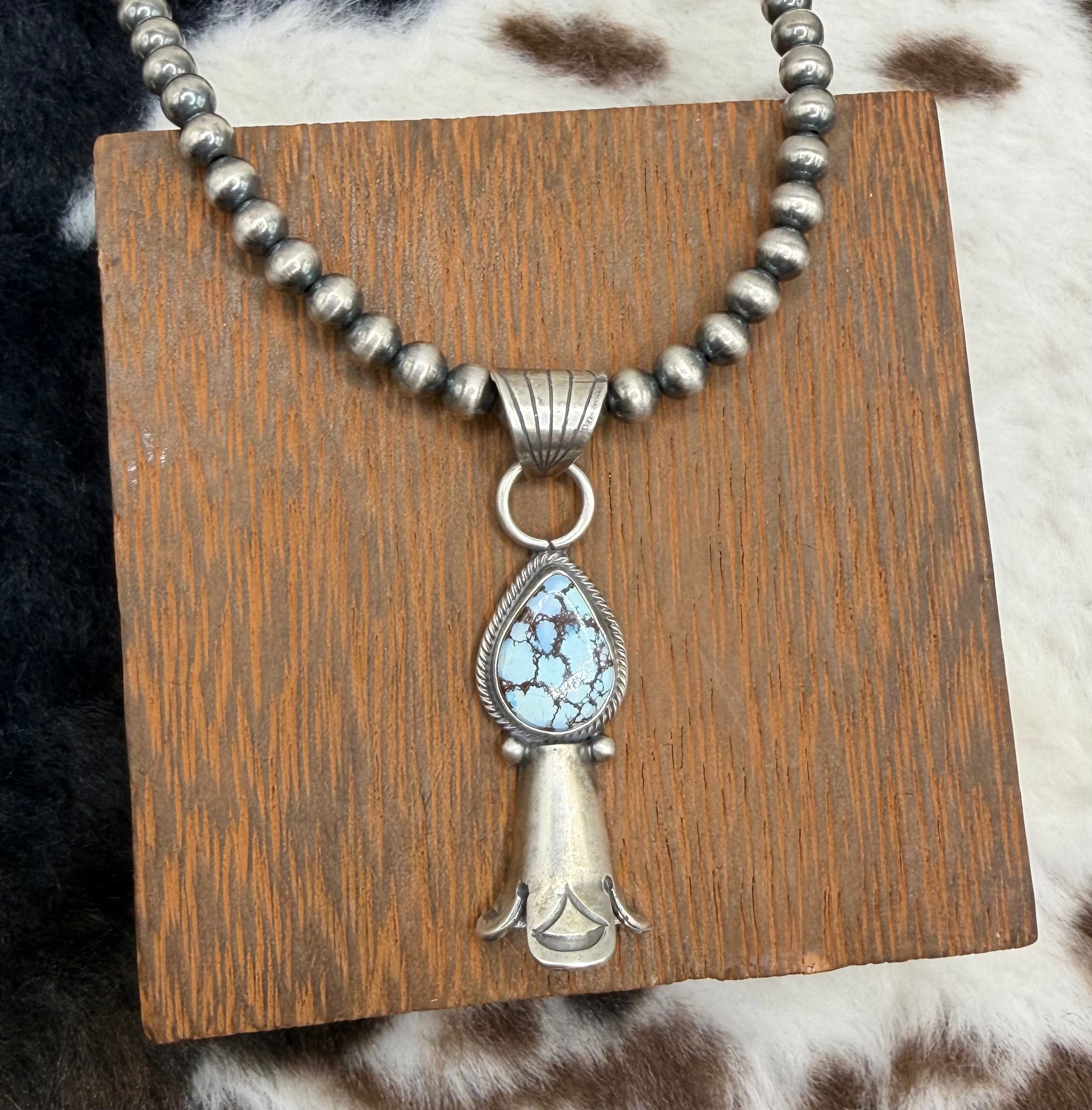 Navajo Handmade Golden Hills and Machine Made Pearl Necklace by Sharon McCarthy