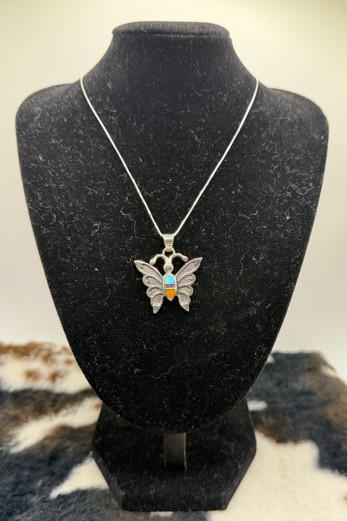 Navajo Made Inlay Multi Stone Butterfly Necklace by Ervin Hoskie