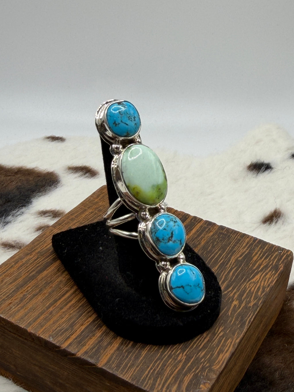Navajo Handmade Palomino and Kingman Turquoise Crawler Ring by Junior Begay Size 8