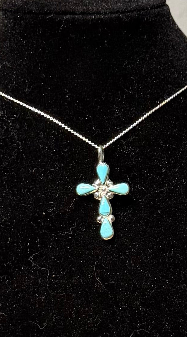 Zuni Handmade Sleeping Beauty Turquoise Cross Pendant By Bryce Vacit