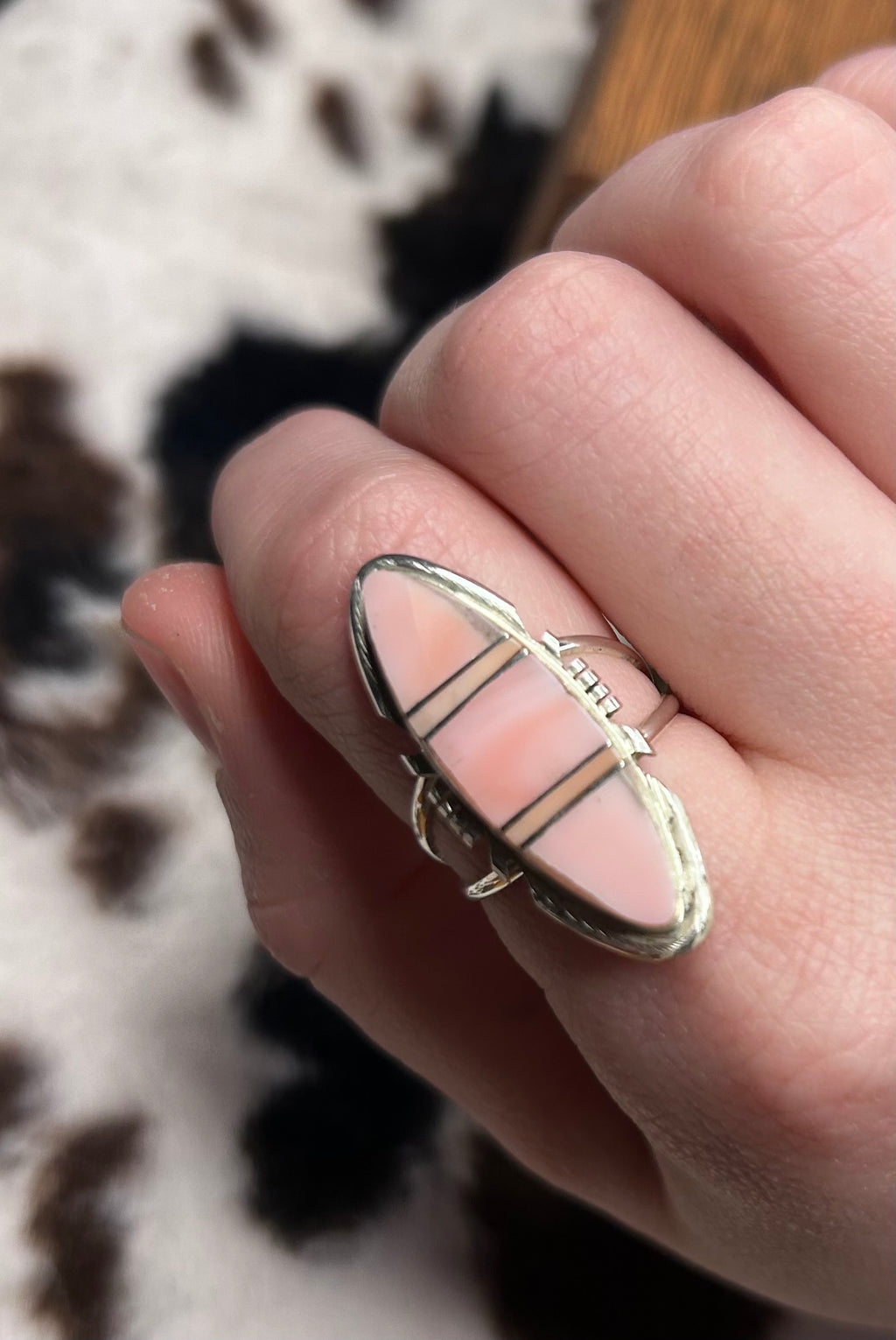 Navajo Handmade Pink Conch Inlay Ring by Brandon Etcitty Size 8