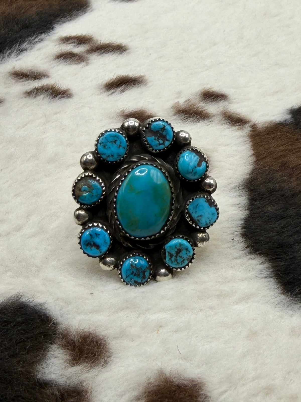 Navajo Handmade Kingman Cluster adjustable rings by Vinson Belone