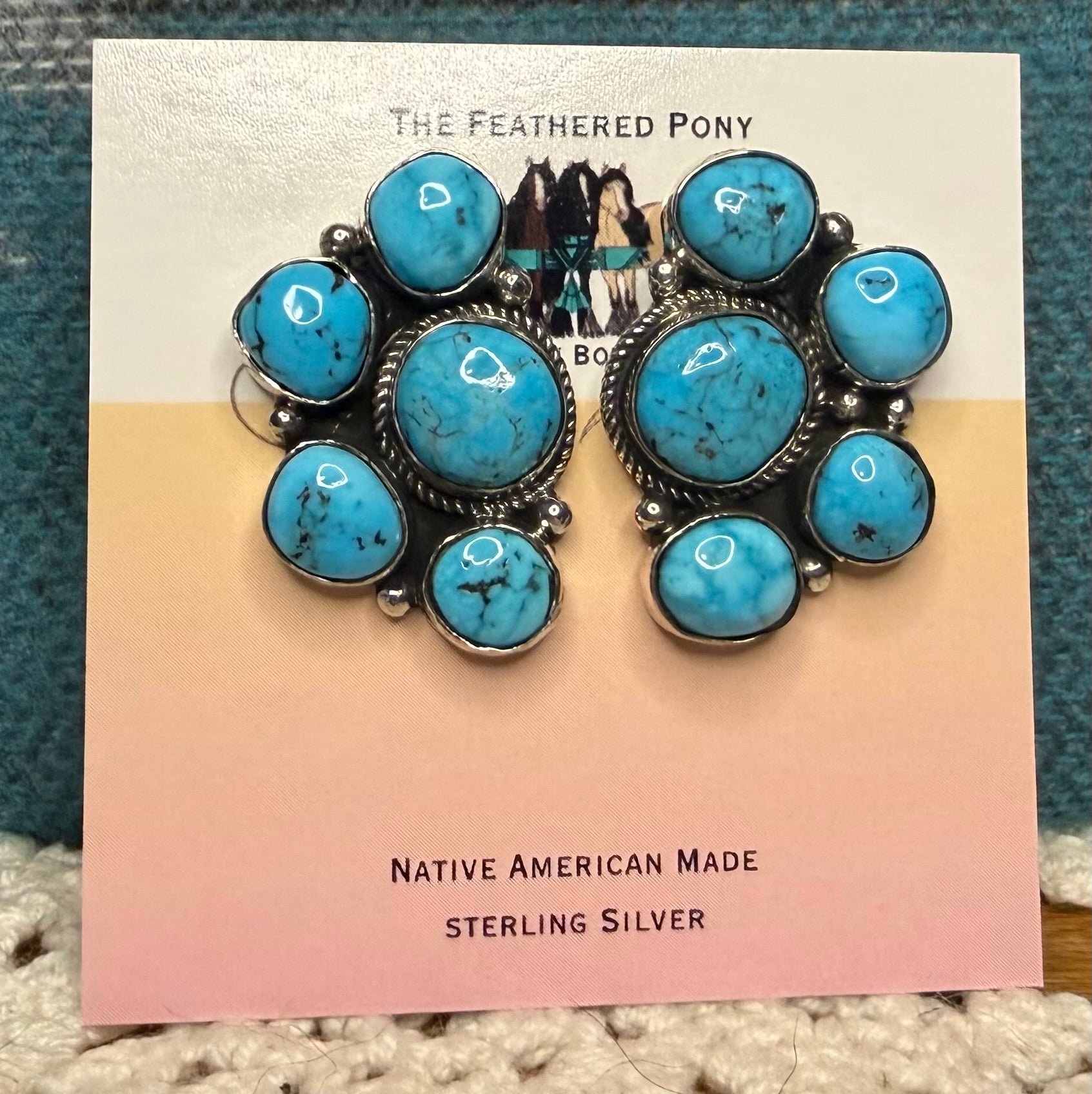 Navajo Made Half Cluster Kingman Turquoise Earrings by Jeanette Yazzie