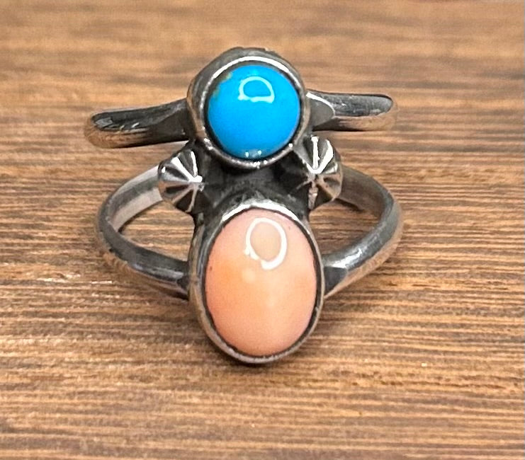 Navajo Handmade Pink Coral and Turquoise Ring by Adrian Yazzie