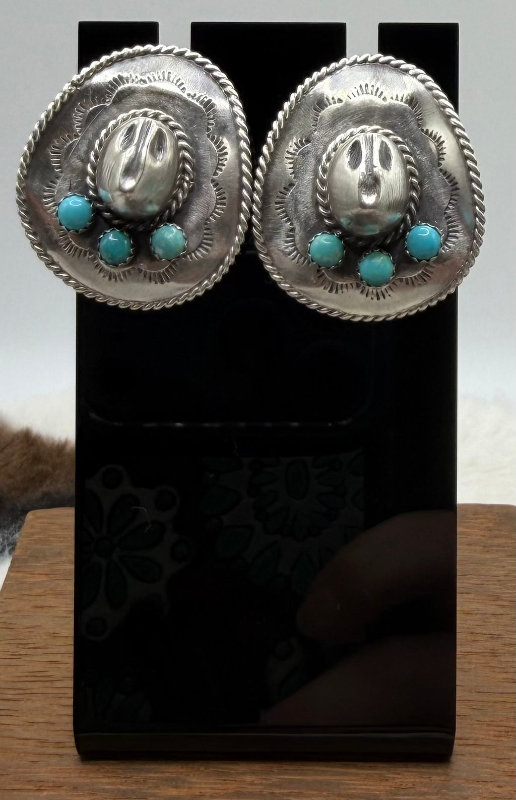 Navajo Made Kingman Turquoise Cowboy Hat Earrings by Bobby Platero