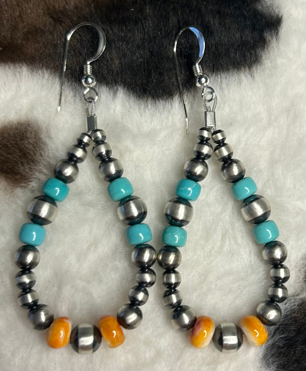 Sterling Silver Machine Made Pearl, Turquoise, and Spiny Oyster Hoop Earrings