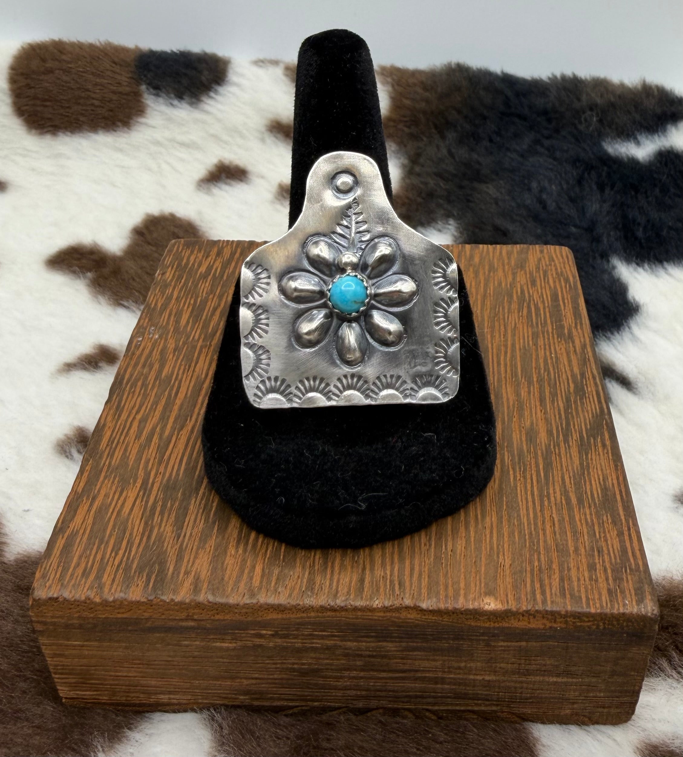 Navajo Made Adjustable Cattle Tag Turquoise Ring by Gabrielle Yazzie