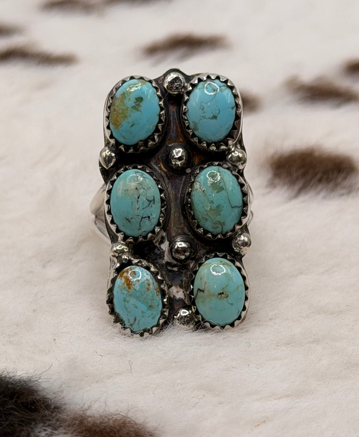 Navajo Handmade 6 Stone Kingman Turquoise Ring by Esther Spencer Size 8