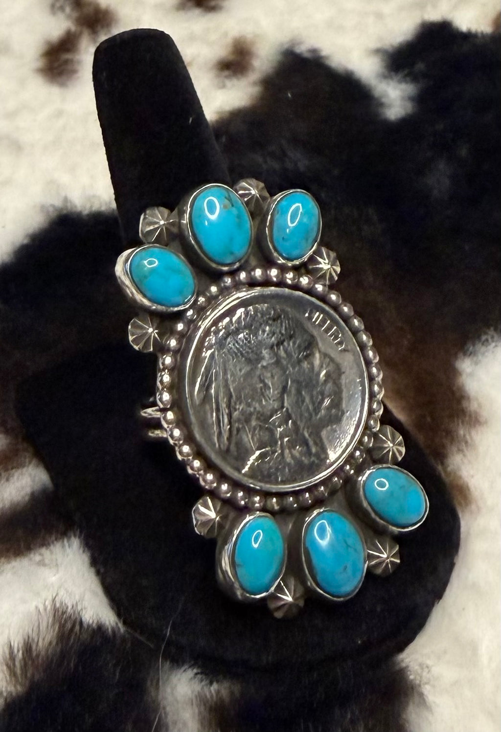 Navajo Handmade Kingman Turquoise adjustable Liberty Coin Rings By Adrian Yazzie