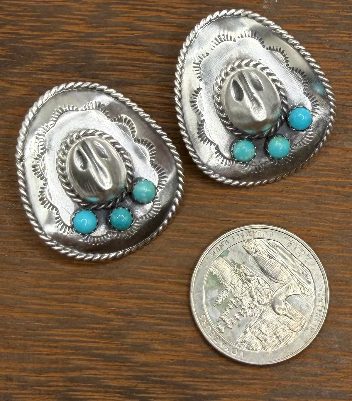 Navajo Made Kingman Turquoise Cowboy Hat Earrings by Bobby Platero