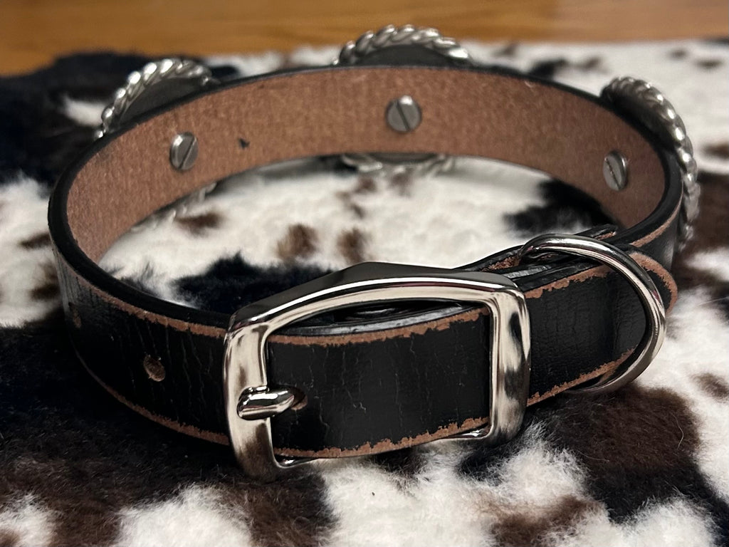 Genuine Distressed Leather Dog Collar with Western Round Concho