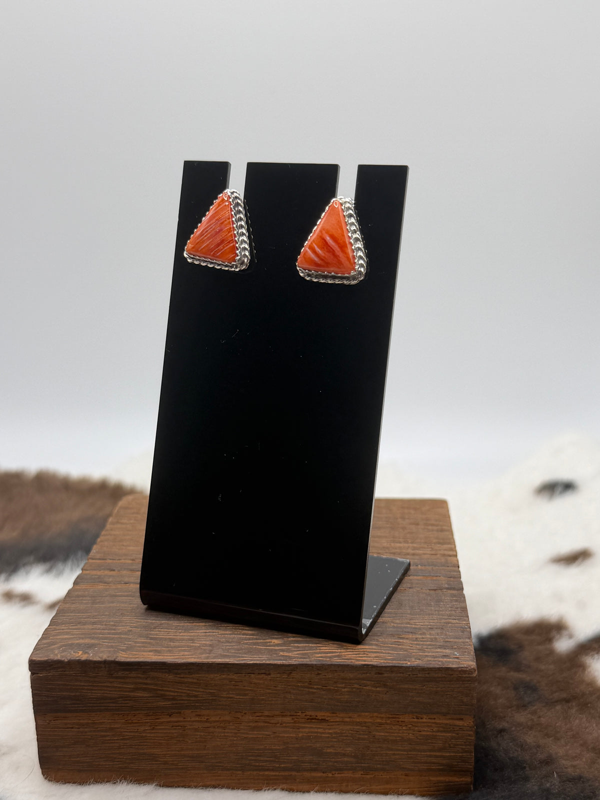 Navajo Made Orange Spiny Oyster Shell Triangle Stud Earrings by Annabelle Lantana