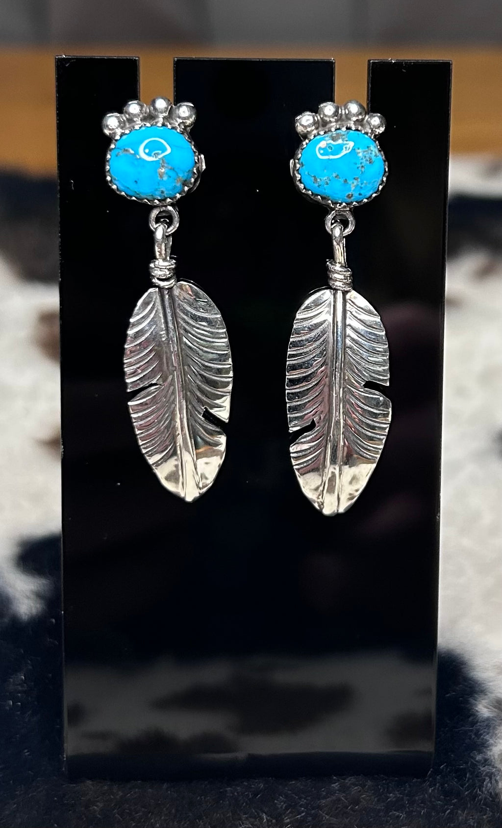 Navajo Handmade Turquoise Feather Stud Earrings by Dorothy Pozernick