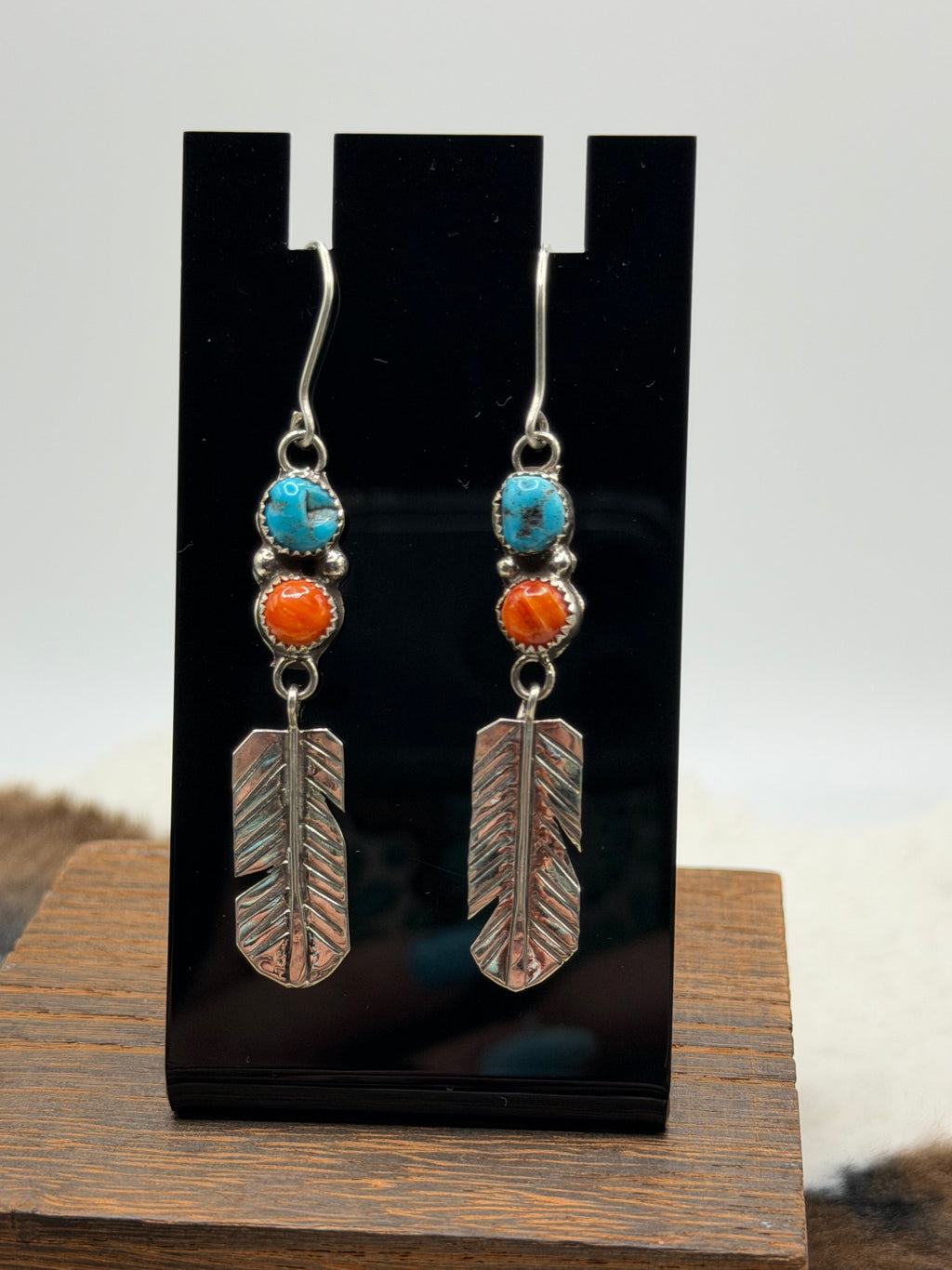 Navajo Made Turquoise & Spiny Oyster Shell Feather Earrings by Lorena Brown