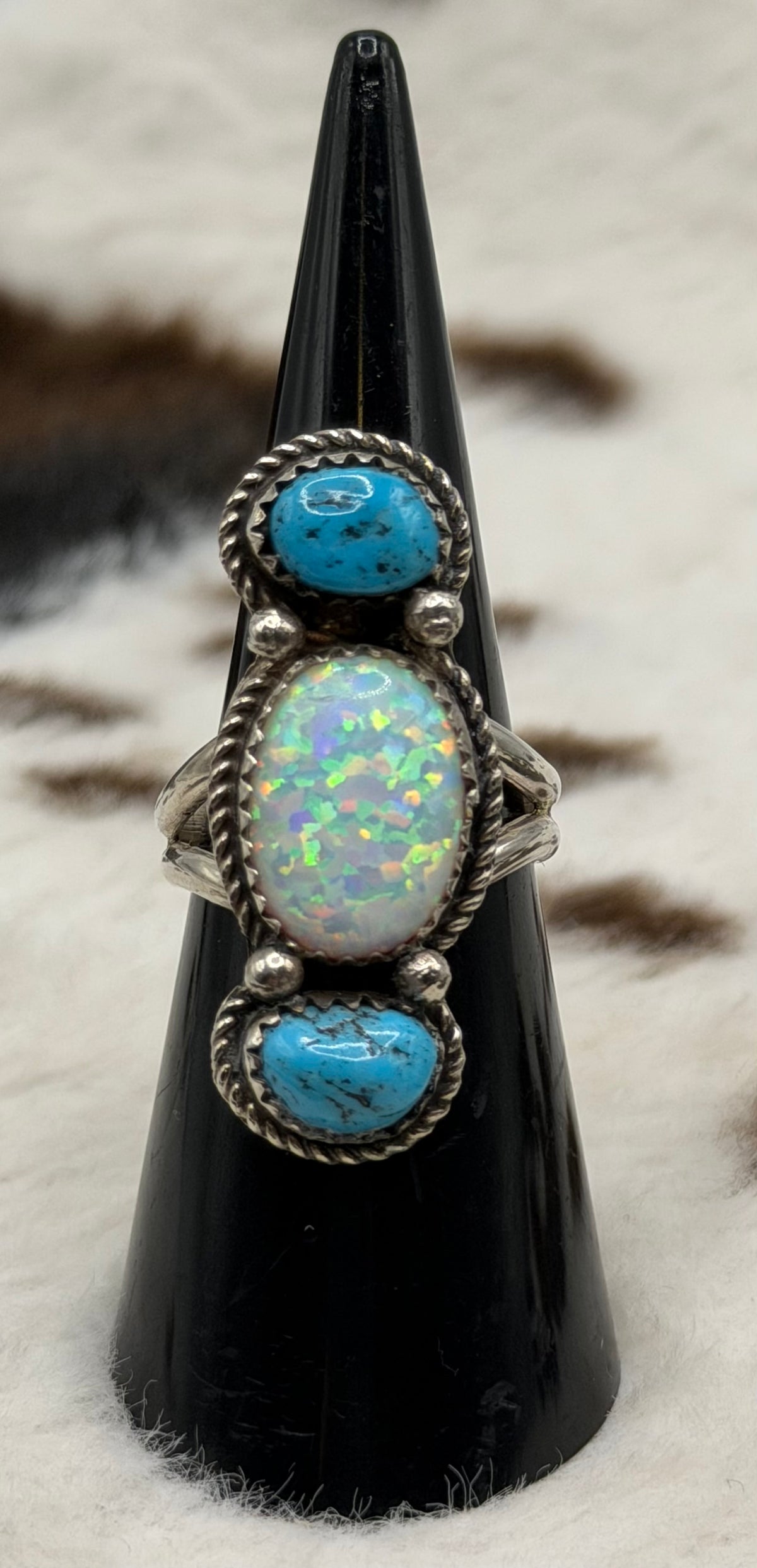 Navajo Handmade Sleeping Beauty and Opal ring by David Morris Size 6.5