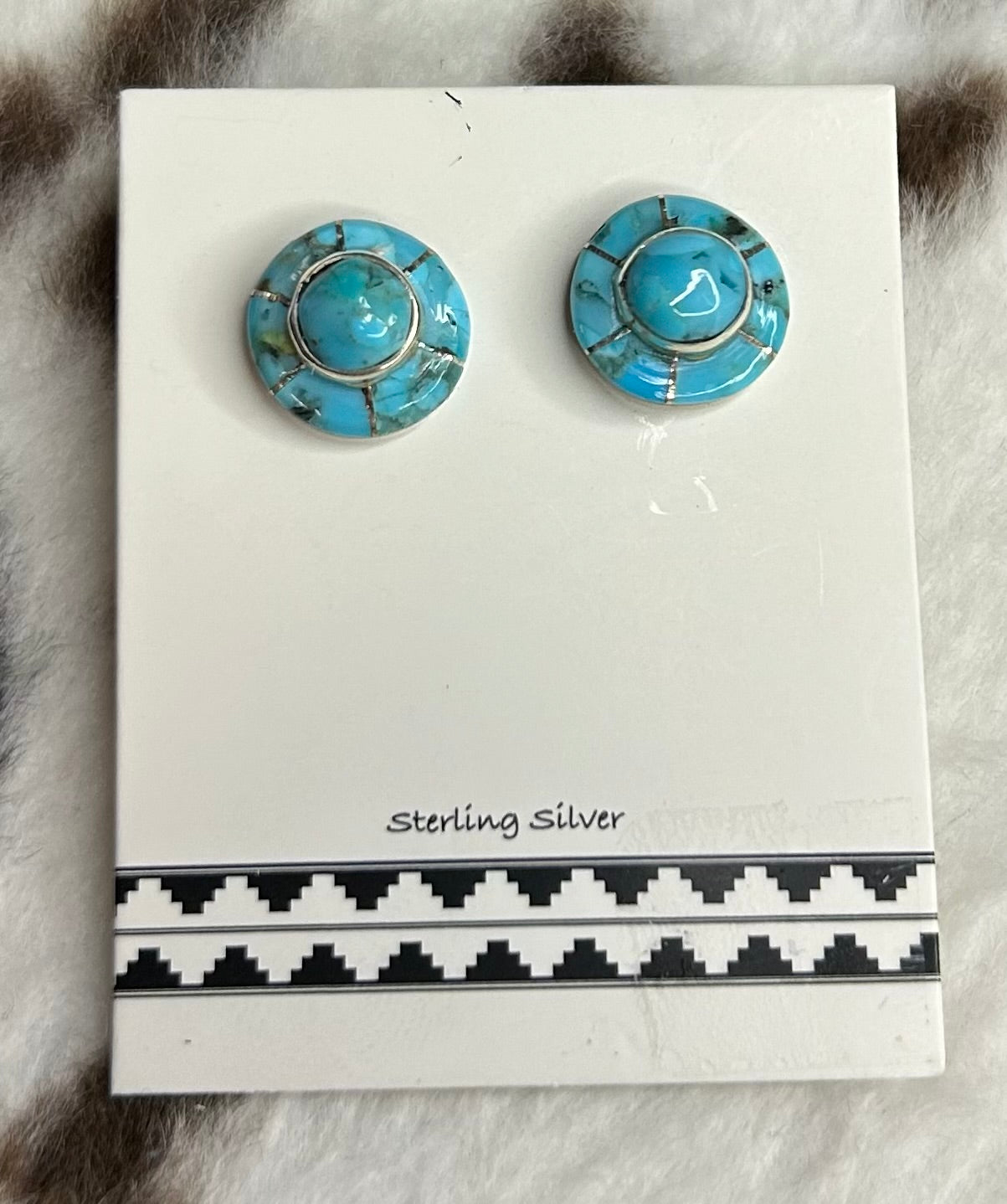 Navajo Handmade Kingman Turquoise Inlay Stud Earrings by Valarie Benally