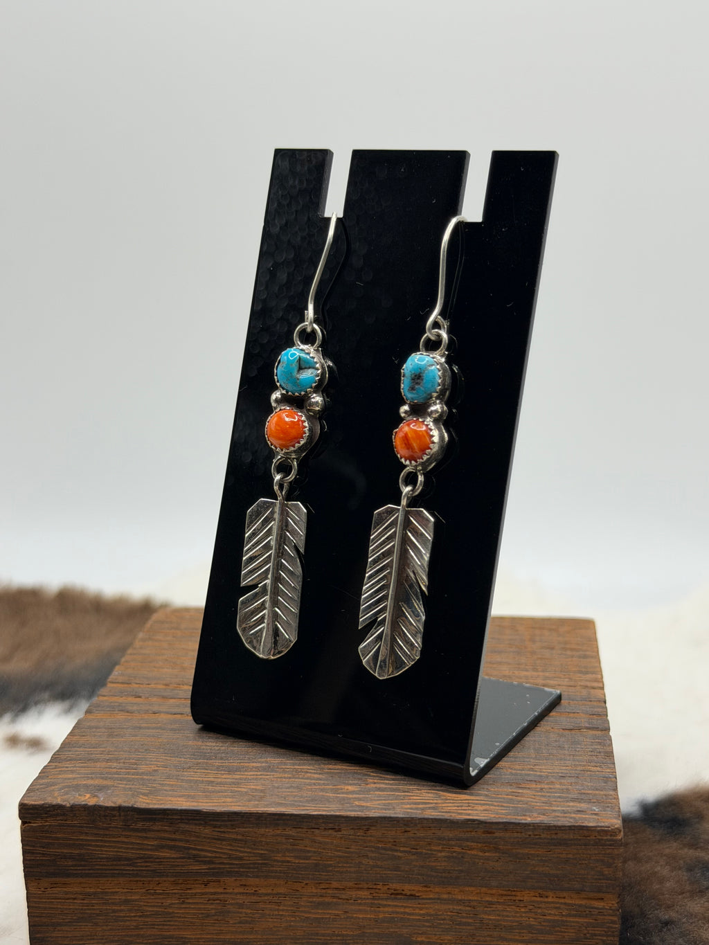 Navajo Made Turquoise & Spiny Oyster Shell Feather Earrings by Lorena Brown