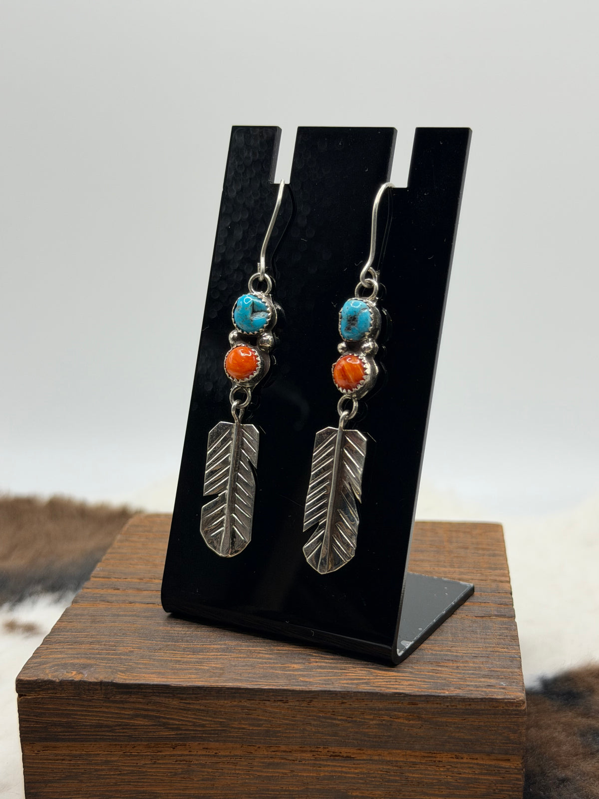 Navajo Made Turquoise & Spiny Oyster Shell Feather Earrings by Lorena Brown