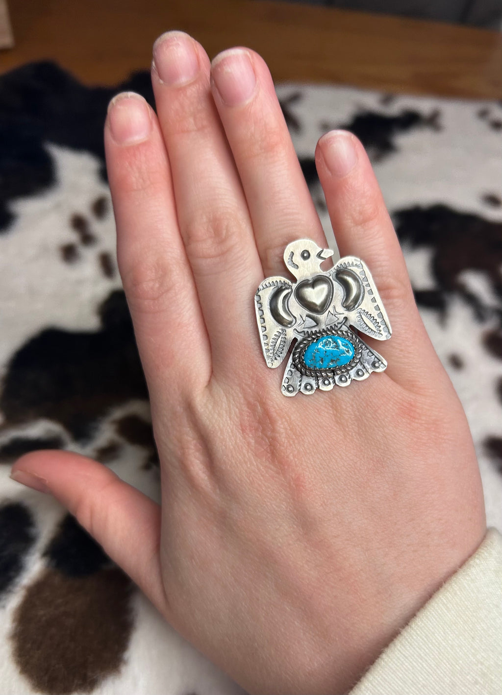 Navajo Handmade Turquoise Thunderbird Ring Adjustable by Tim Yazzie