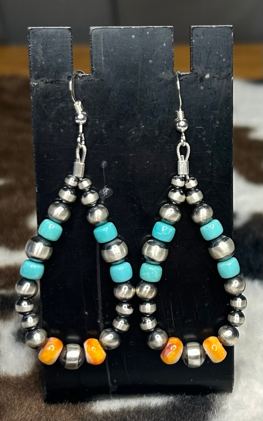 Sterling Silver Machine Made Pearl, Turquoise, and Spiny Oyster Hoop Earrings