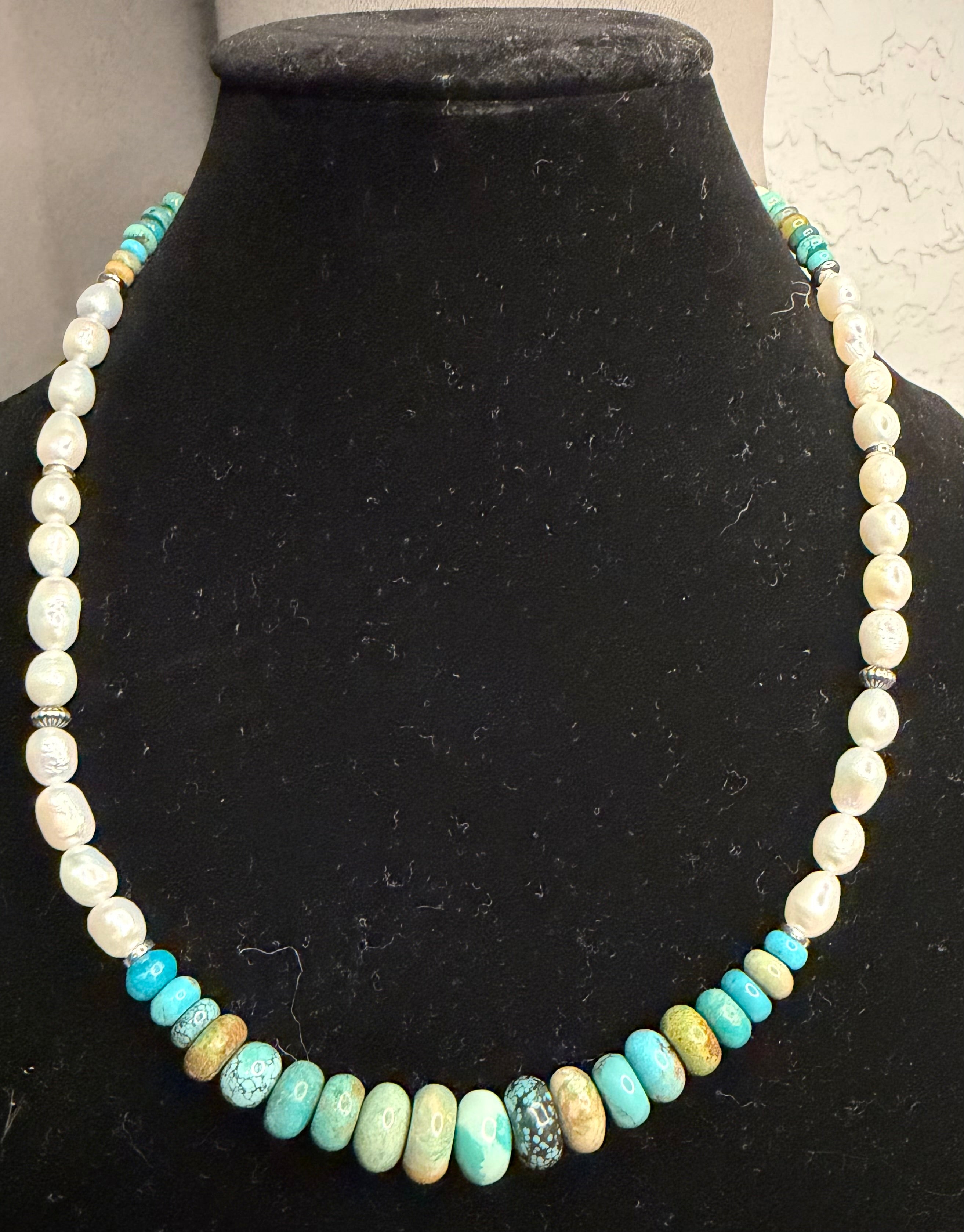 Machine Made Pearl and Turquoise Graduated Necklace
