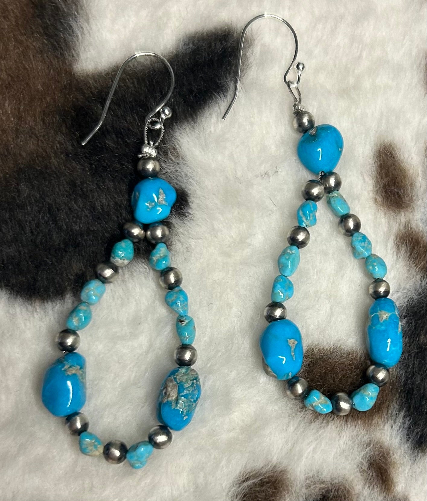 Sterling Silver Machine Made Pearl and Turquoise Hoop Earrings