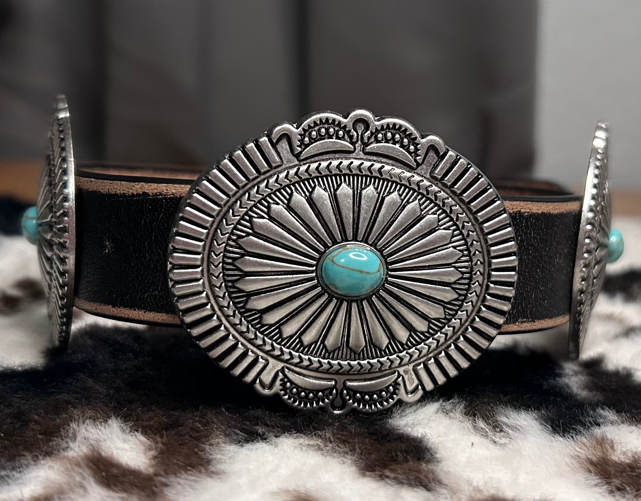Genuine Distressed Leather Dog Collar with Western Style Concho