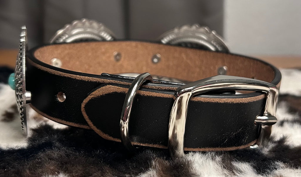 Genuine Distressed Leather Dog Collar with Western Style Concho