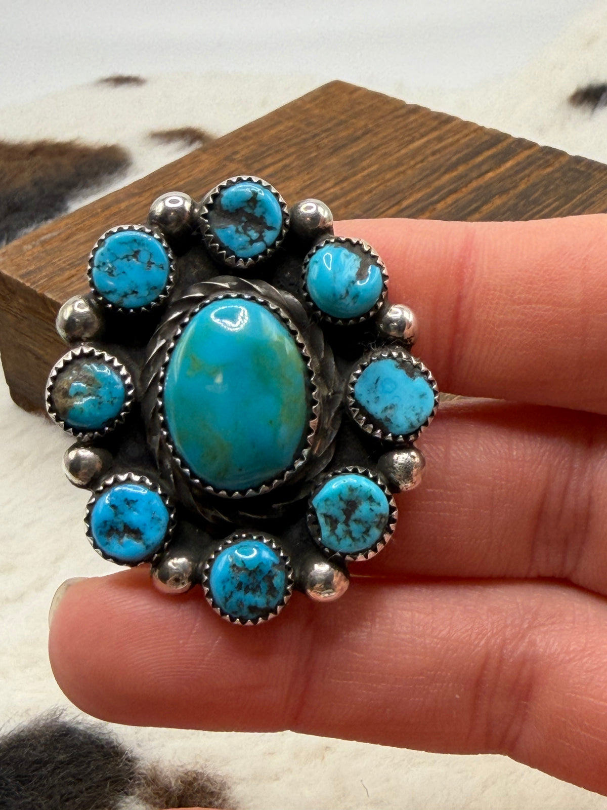 Navajo Handmade Kingman Cluster adjustable rings by Vinson Belone