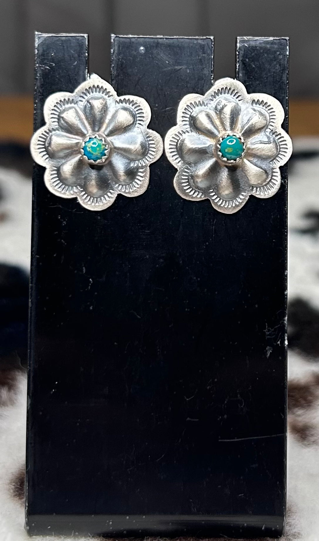 Navajo Handmade Turquoise Concho Stud Earrings by Dale Morgan.