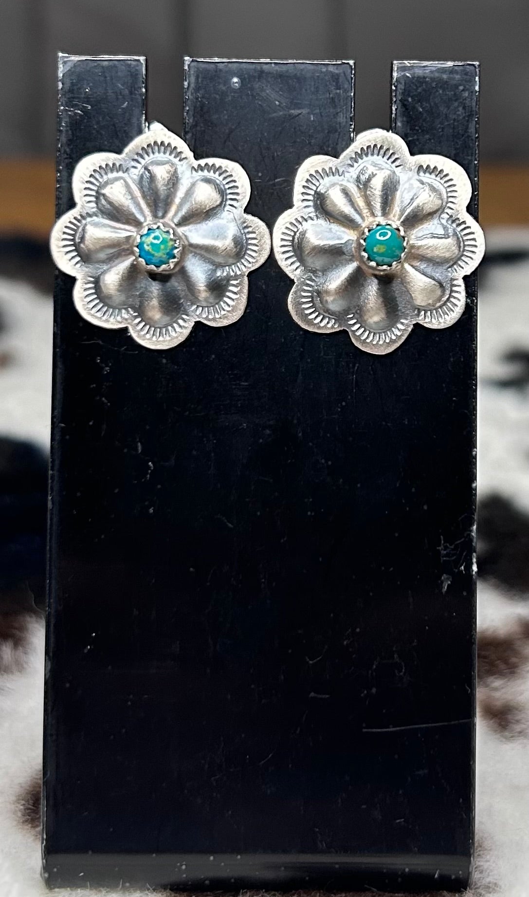 Navajo Handmade Turquoise Concho Stud Earrings by Dale Morgan.