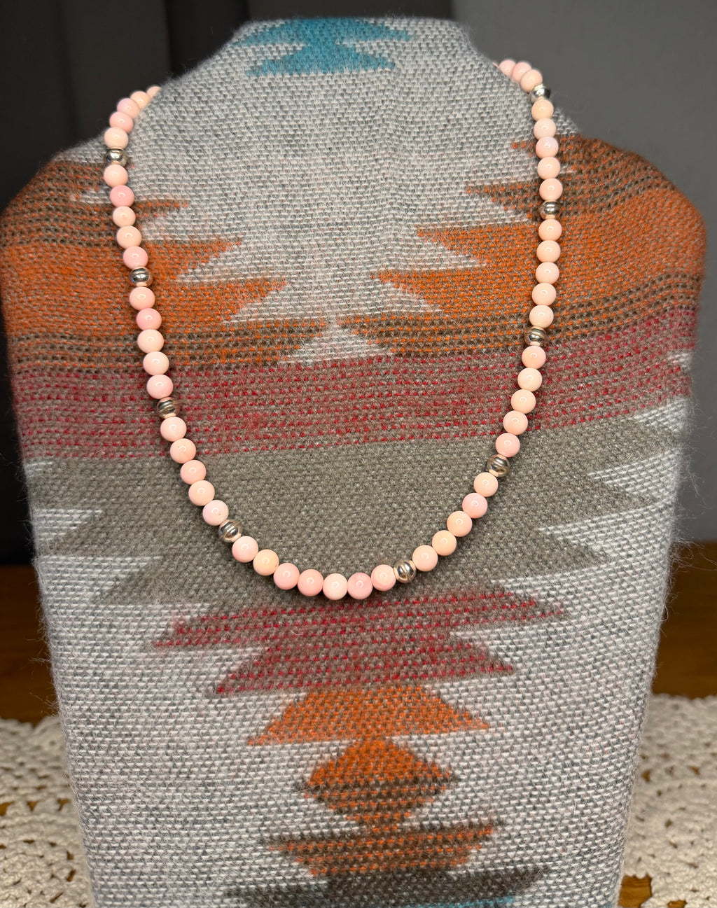 Navajo Made Pink Conch and Seamed Pearl Beaded Necklace by Naomi Garcia