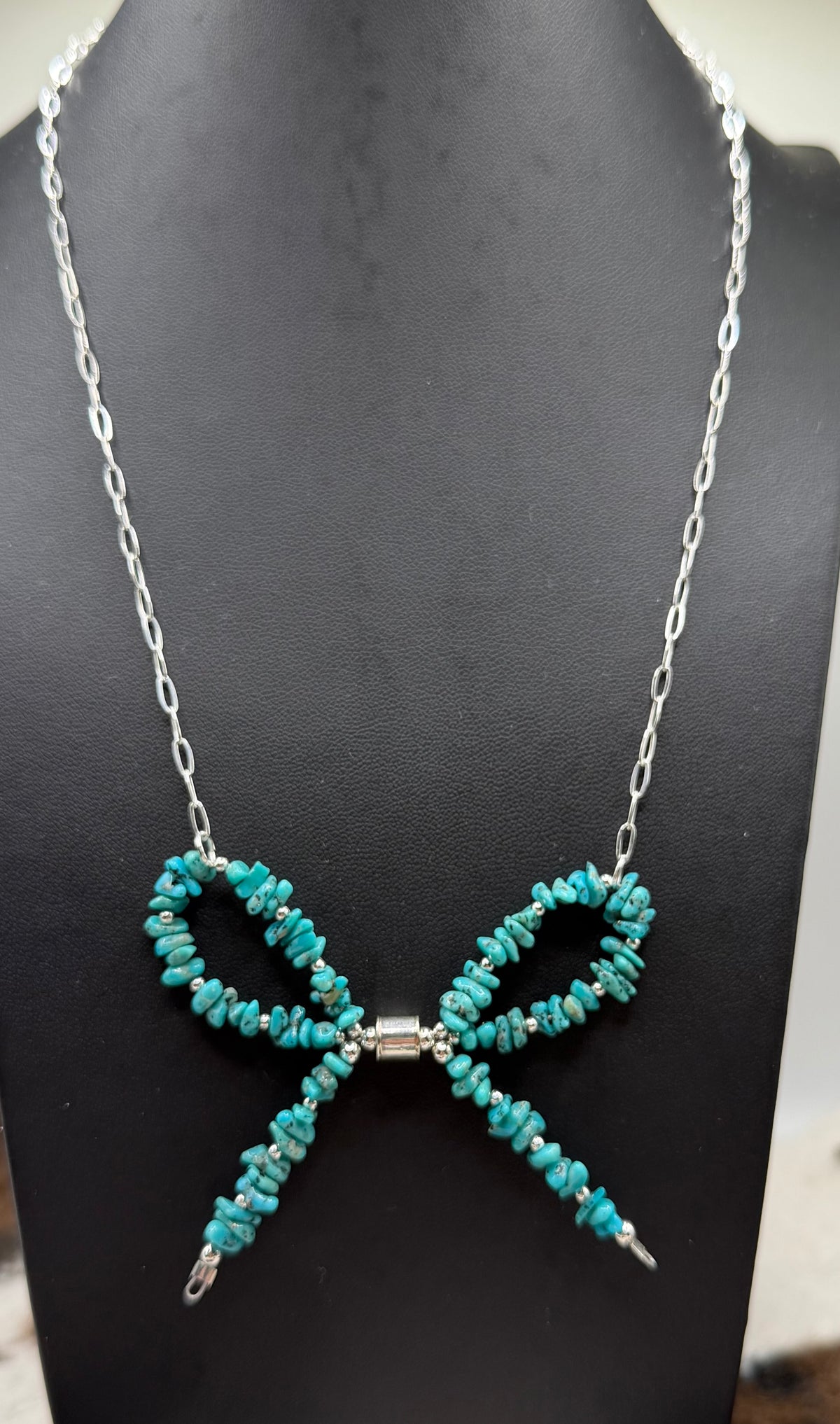 Navajo Handmade Bow Machine Made pearl and Turquoise Necklace by Larry Curley
