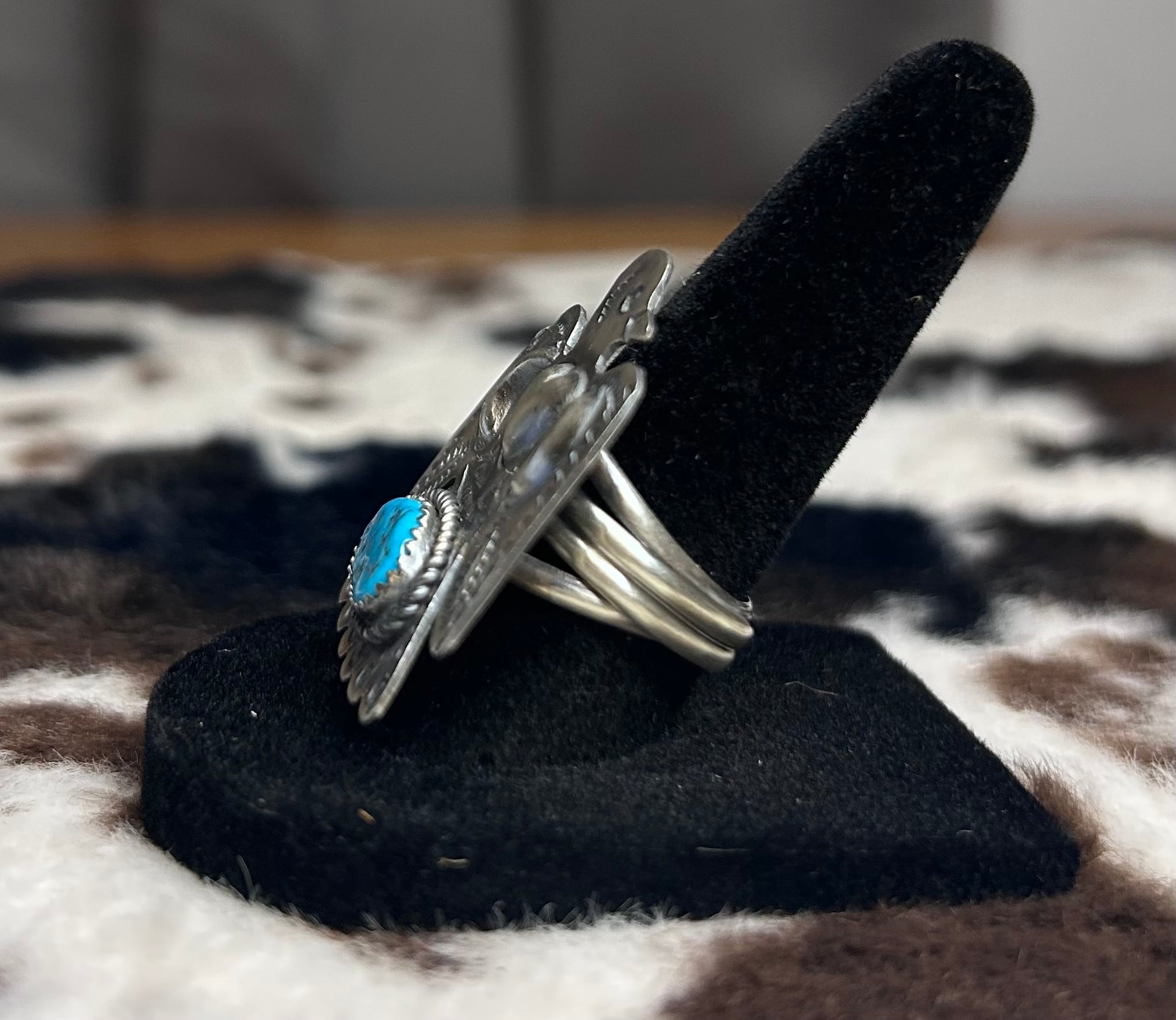Navajo Handmade Turquoise Thunderbird Ring Adjustable by Tim Yazzie