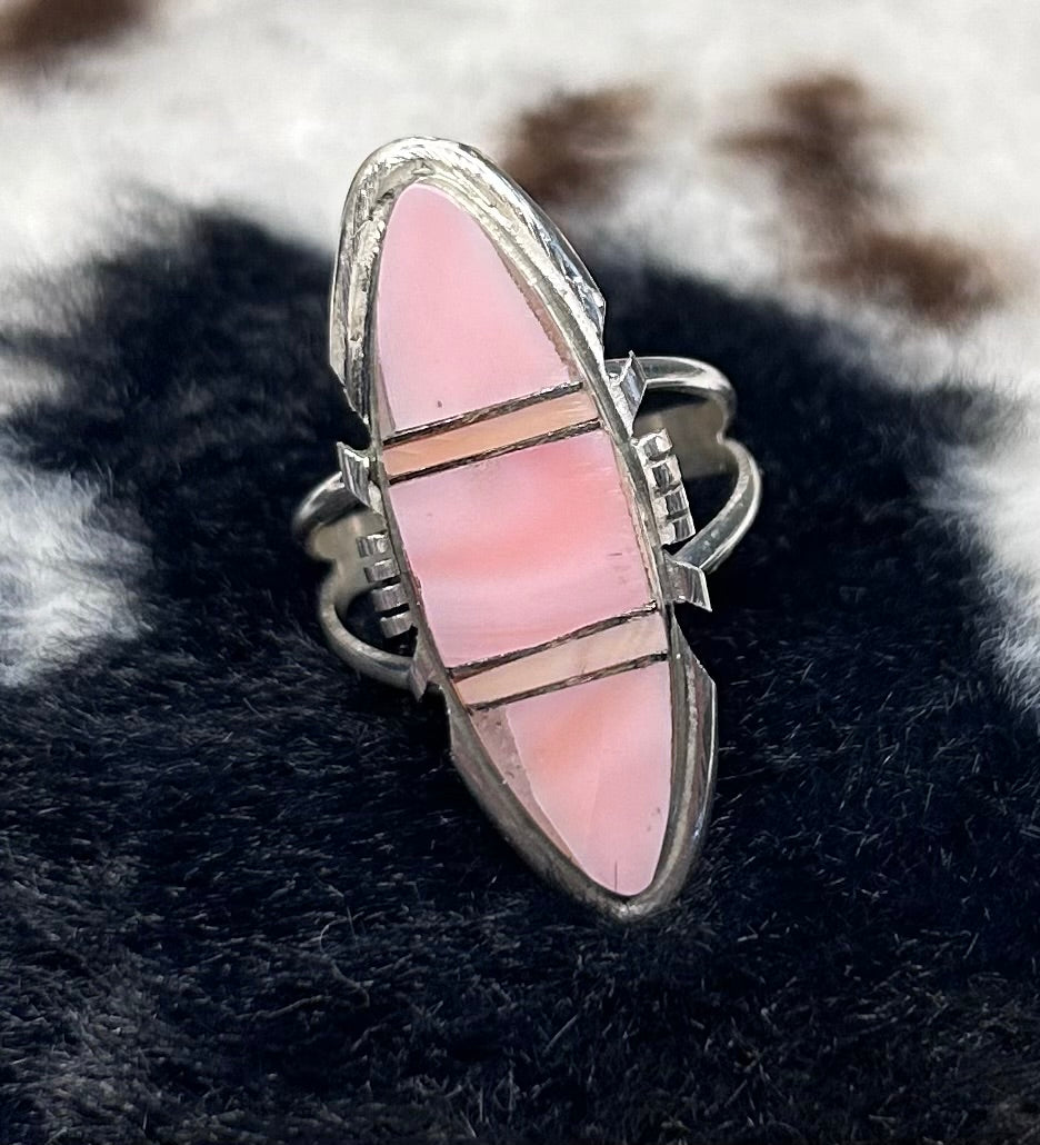 Navajo Handmade Pink Conch Inlay Ring by Brandon Etcitty Size 8